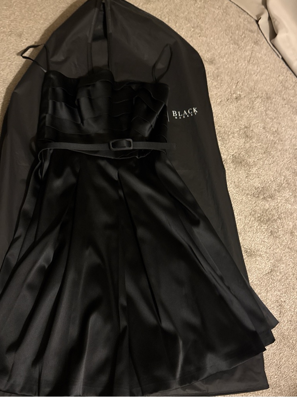 White House Black Market Black Strapless Satin Fit-and-Flare Dress.